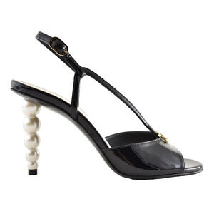 Chanel 23S Black Patent Leather CC Logo Pearl Heel Ankle Strappy Sandal Pump 37